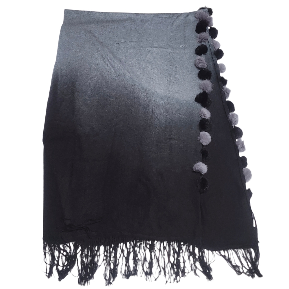 Ombre Shawl Gray & Black w/ Fur Pom Pom Scarf Wrap - Picture 3 of 8